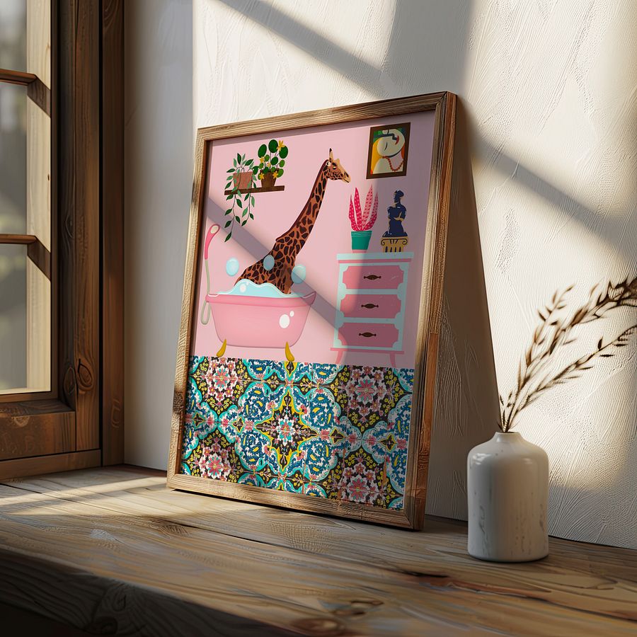 Bathing Giraffe Pink Bathroom Wall Art Print product image (7)