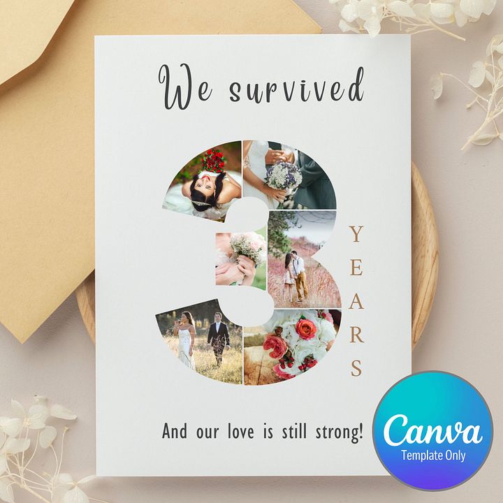 3 Year Anniversary Photo Card Editable Canva Template product image (1)