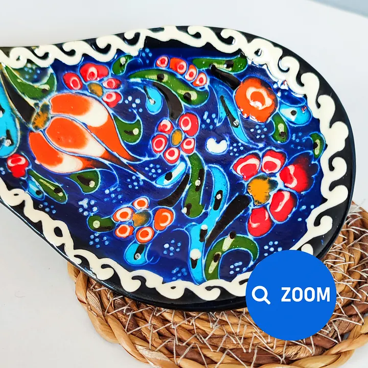Ceramic spoon rest (Iznik style, blue-yellow) — handmade pottery product image (2)
