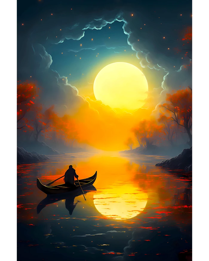 Moonlit Serenity: A Lone Fisherman on Rowboat Under the Moon and Stars Matte Poster product image (1)