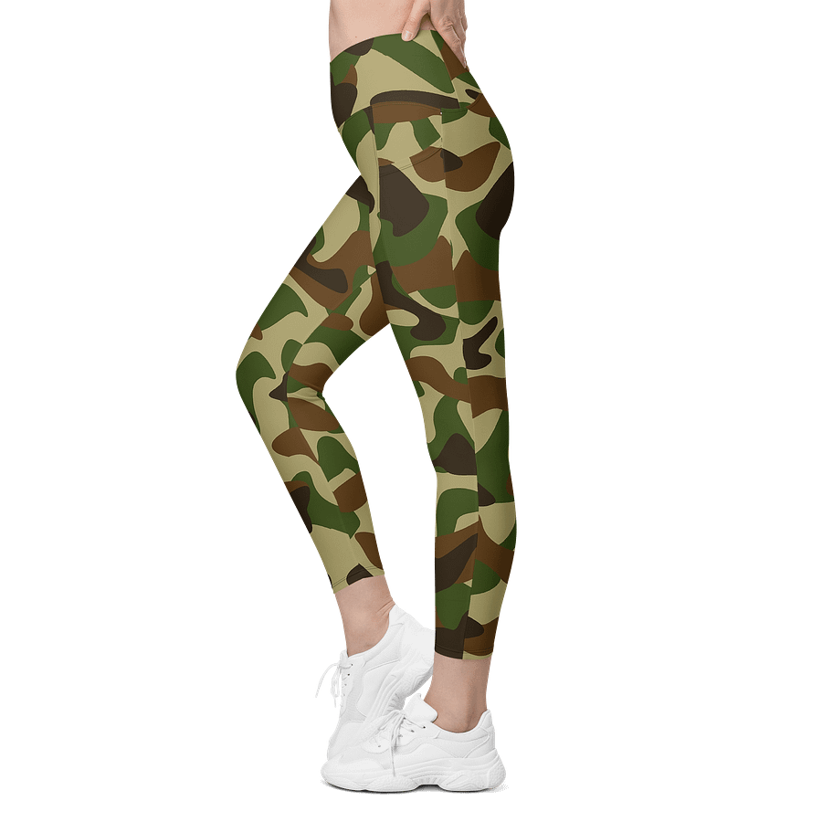 Woodland Green Army Camouflage Military Camo Pattern Crossover Leggings with Pockets product image (3)