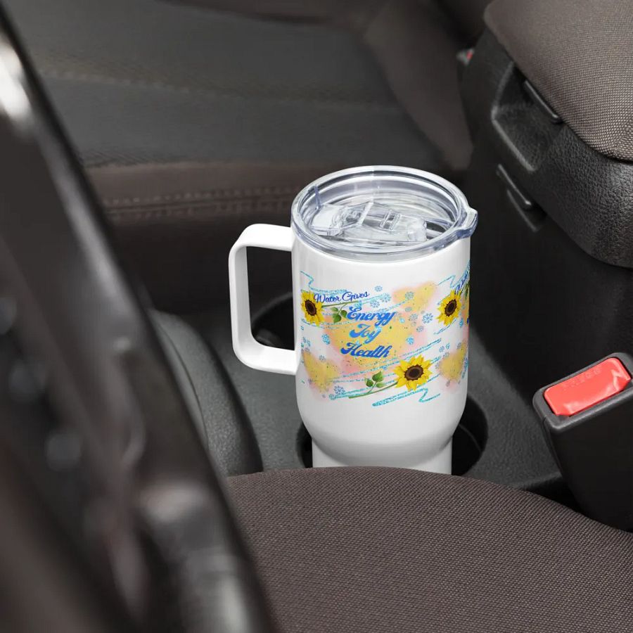 Travel mug with handle with beautiful sunflowerr water drops featuring ' This water gives Harmony in Body and Mind