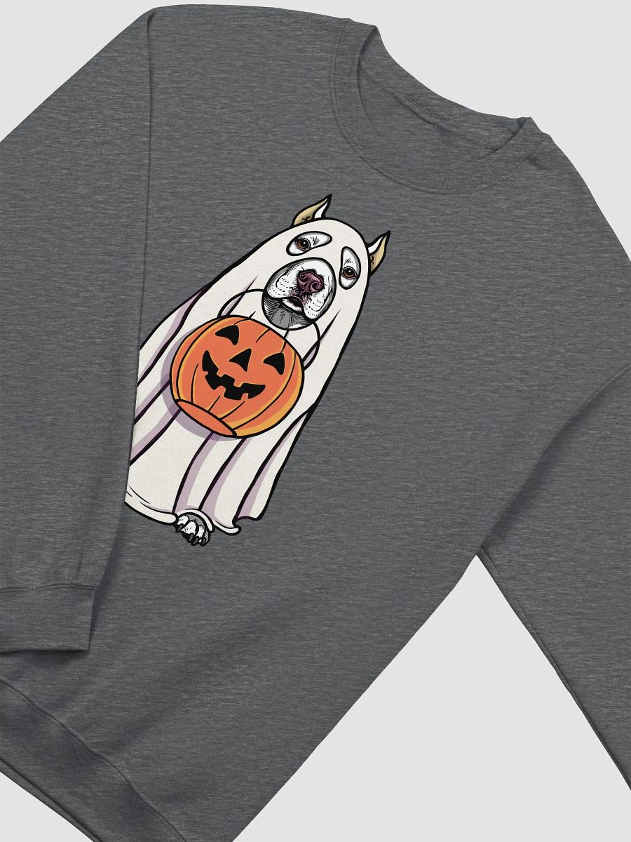 Funny Halloween Pitbull Terrier(Cropped Ears) Sweatshirt | Funny Pittie Wearing a Ghost Costume and Holding a Pumpkin Basket product image (8)