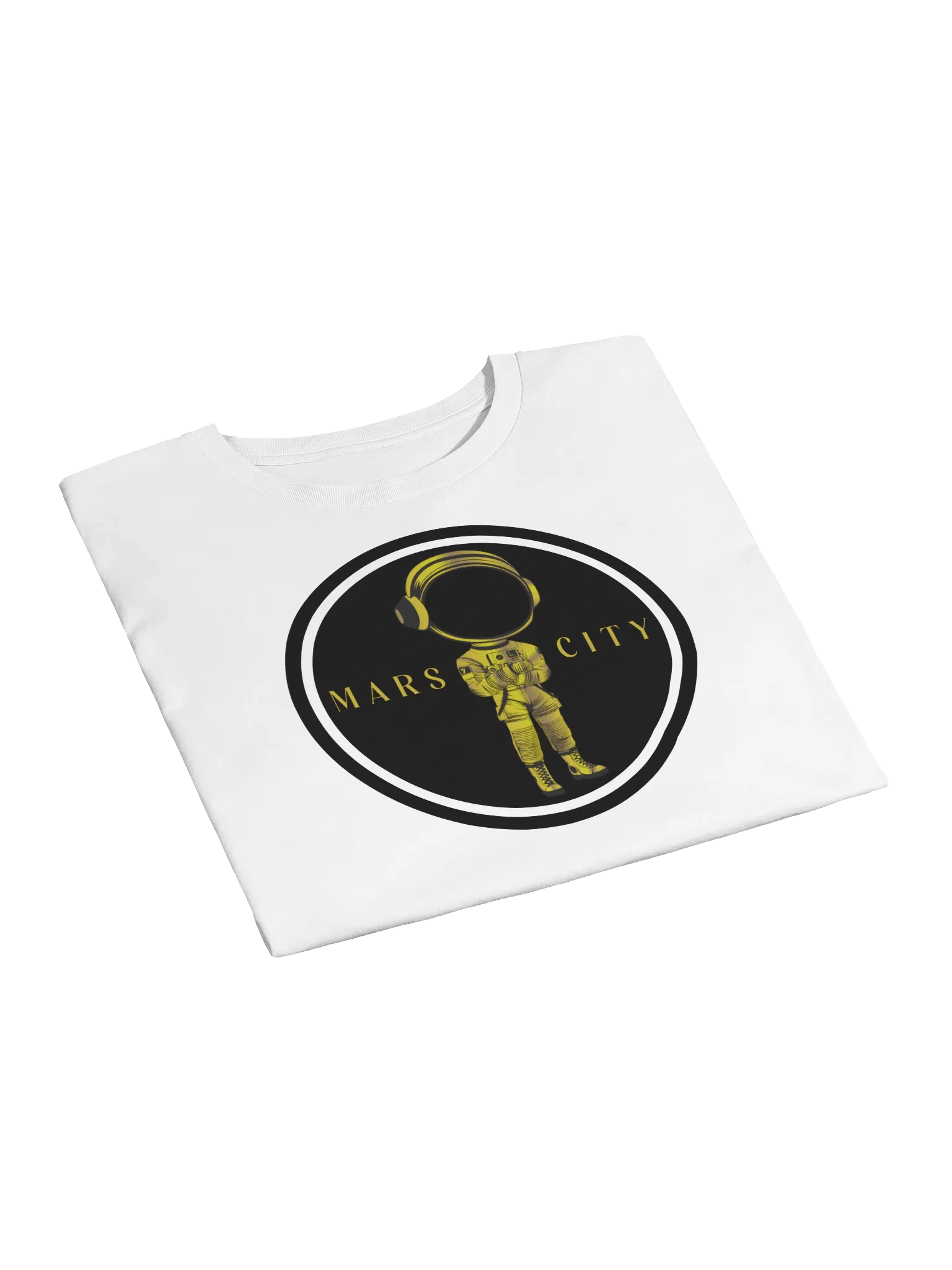 Ladies white cropped tee shirt with Gold Astronaut black circle front product image (3)