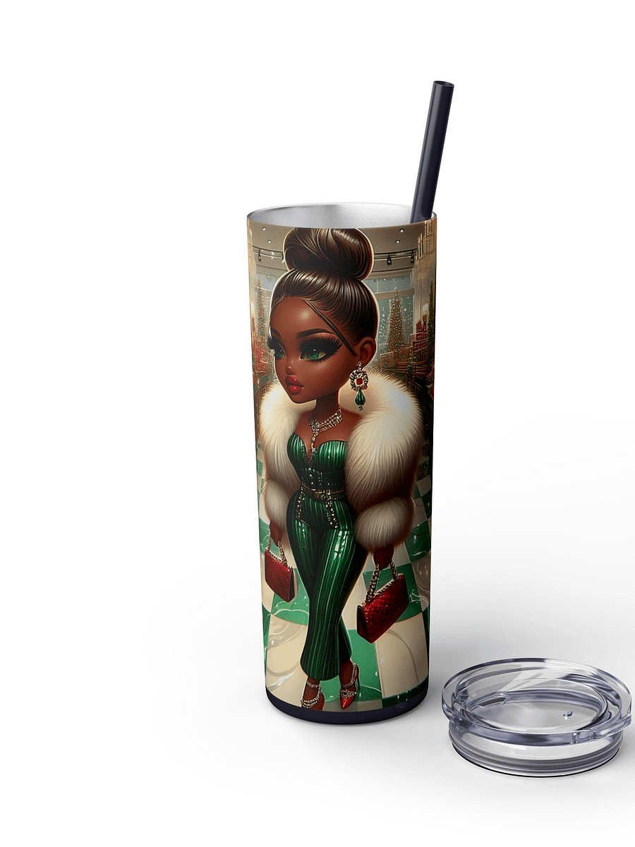 Glam Holiday Diva Tumbler Wrap, Christmas Tumbler Sublimation Design, Stylish African American Woman in Festive Green, 20 oz Skinny Tumbler product image (4)