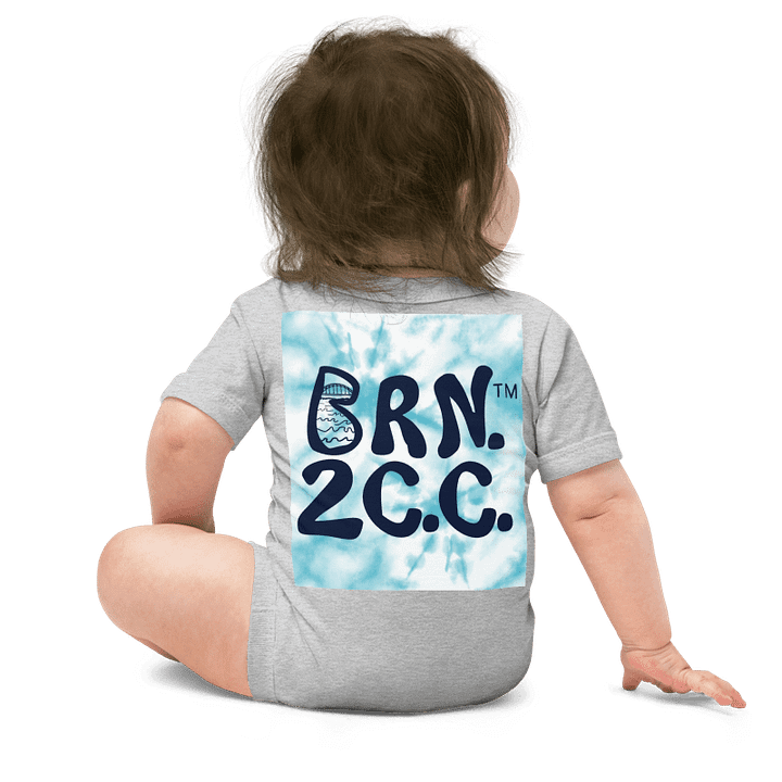 BOURNE to Cape Cod™ | Baby One-Piece with Snaps | BRN.2C.C.™ Logo Back | Ultra-Soft Cotton Bodysuit for Coastal Cuties | Navy Logos on Blue Tie-Dye Graphic product image (2)