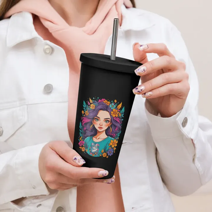 Bloomcore Flower Girl 20 oz Tumbler Cup - Black - Insulated Tumbler with a Straw - v2 product image (2)