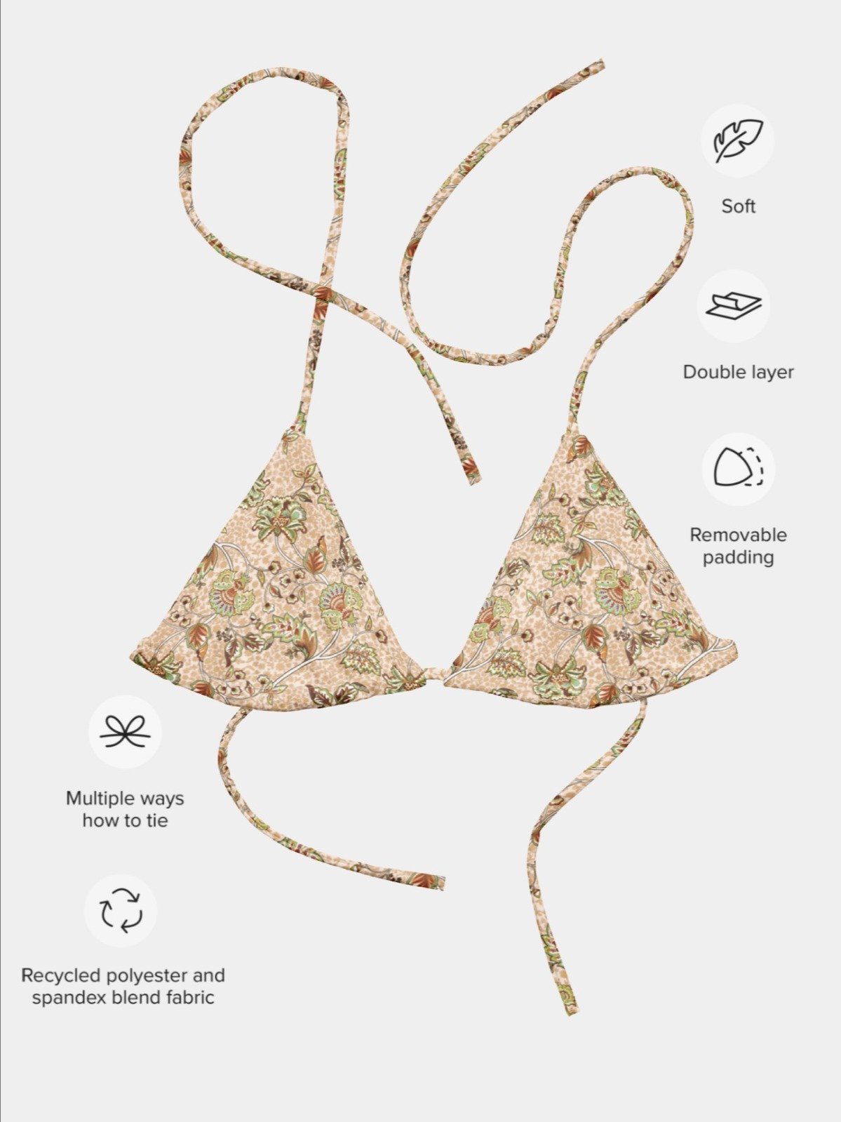 Recycled String Bikini Top "Elegant Neutral Beige Chintz" product image (4)