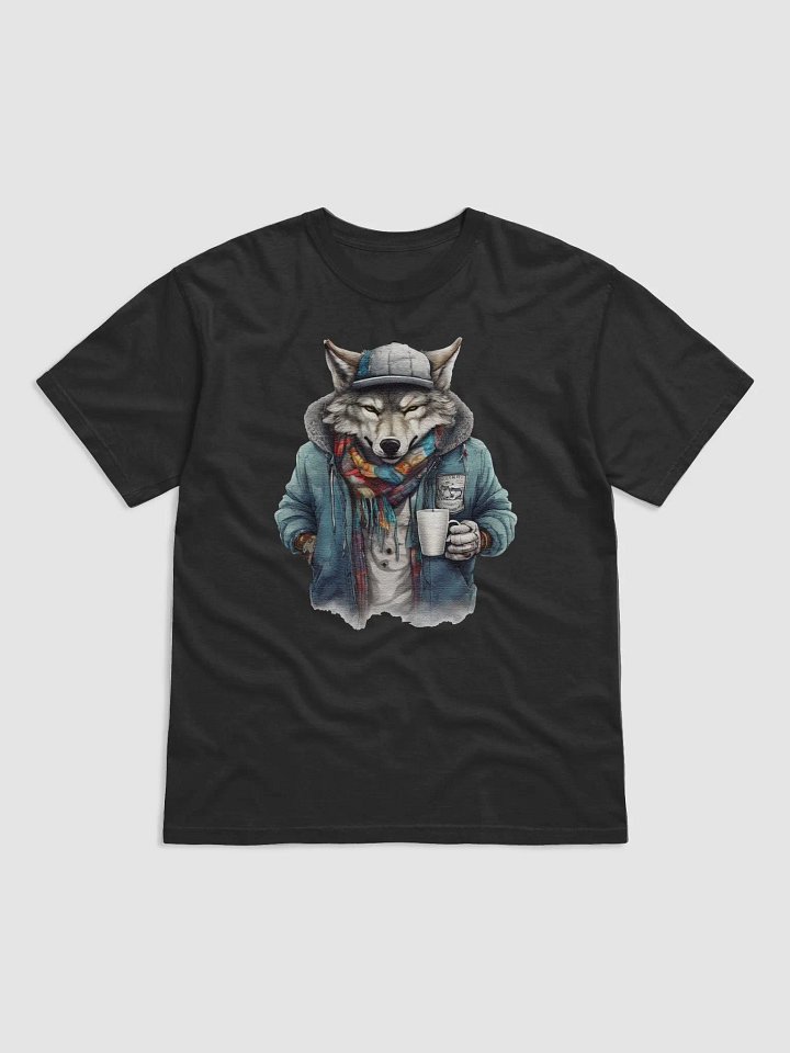Wolf wearing a jacket holding a cup coffee product image (1)