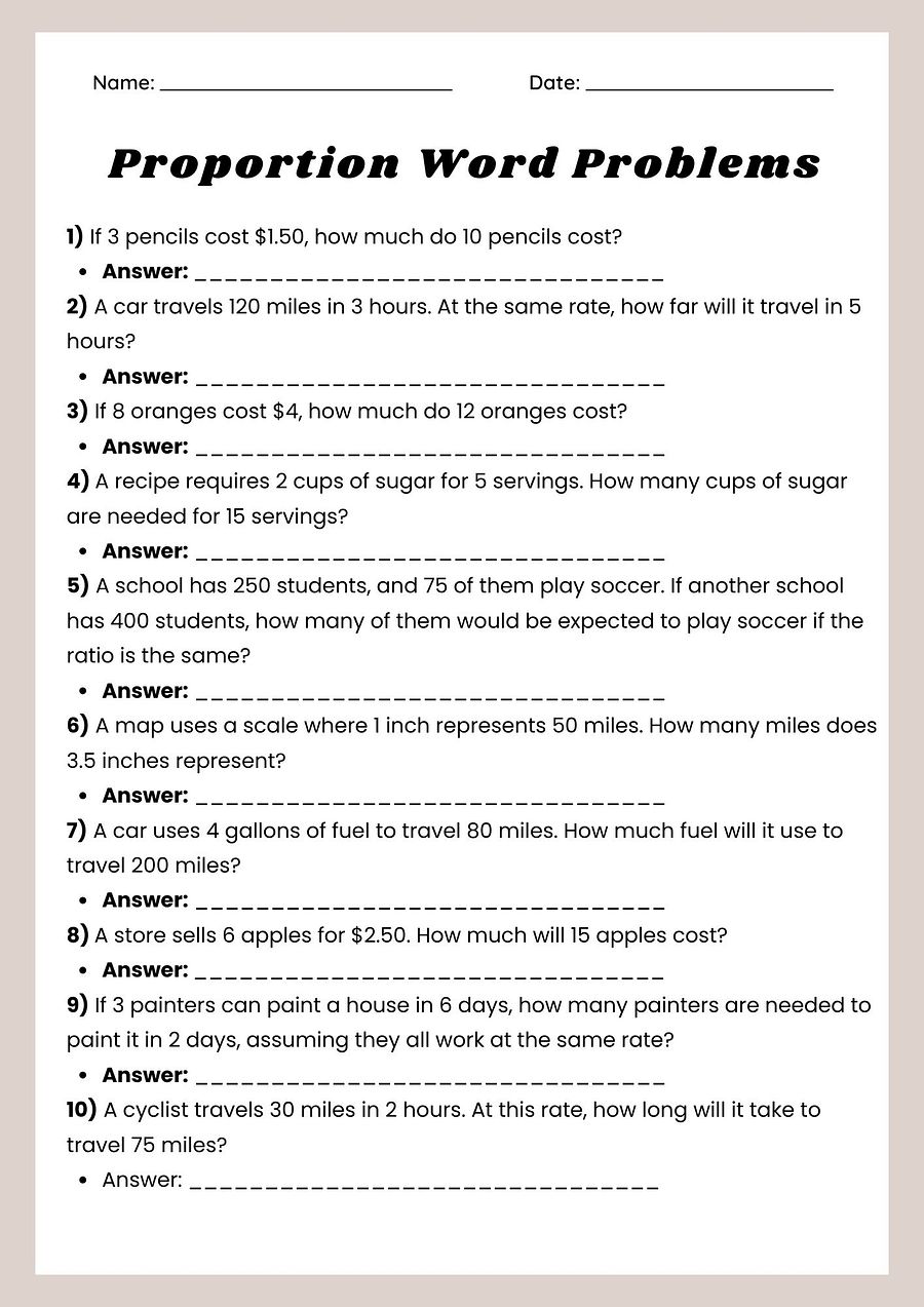 Proportion Word Problems Worksheet - Printable PDF product image (1)