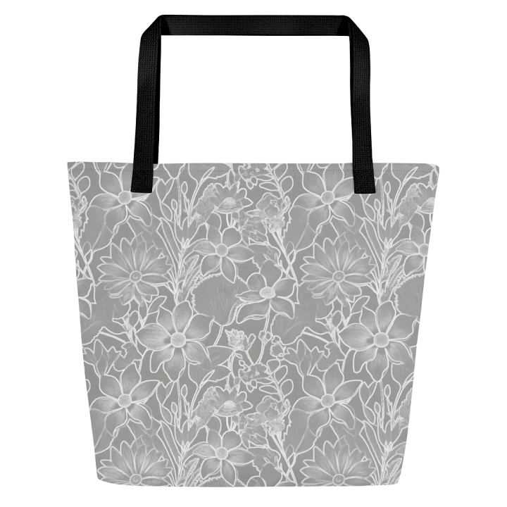 Line art Gray and White Floral/All-Over Print Large Tote Bag w/ Pocket by Sublicolor product image (1)