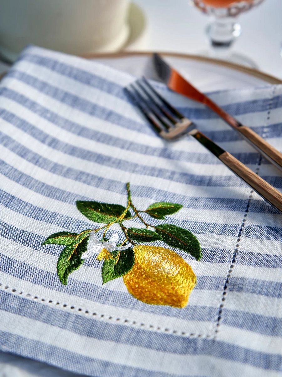 Lemon branch napkins Embroidered napkin White napkins Striped napkin Beige napkins Linen napkin Vintage style napkin Hemstitched napkin Gift product image (3)