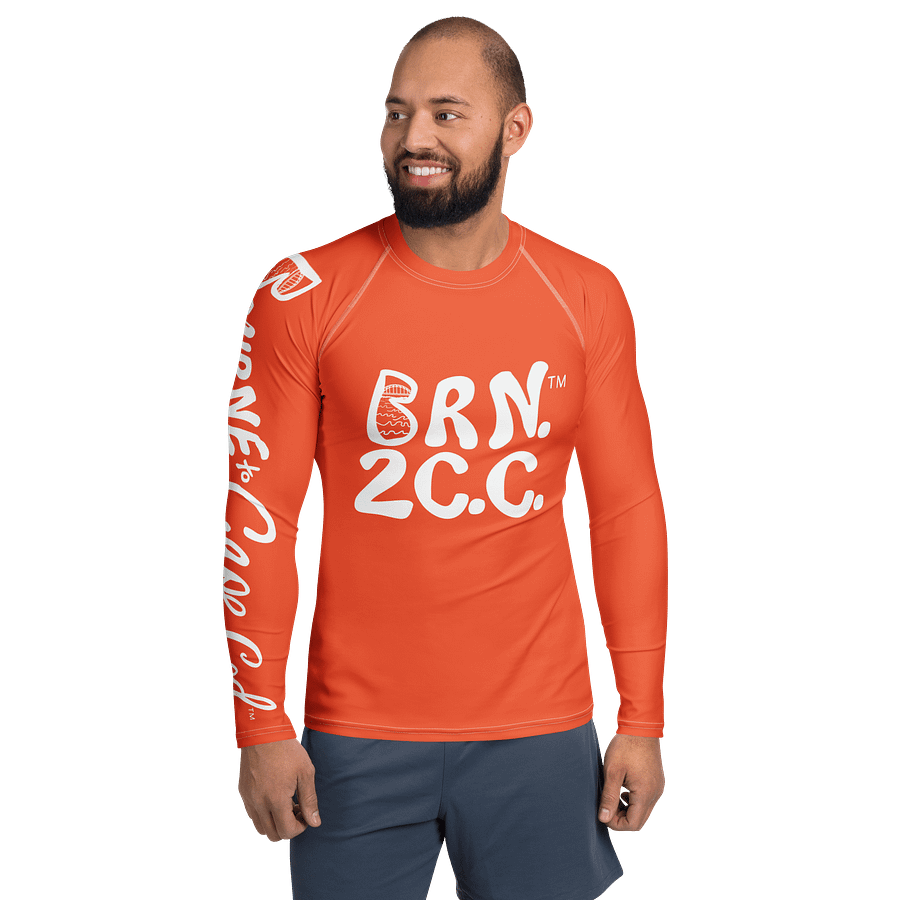 BRN.2C.C.™ /BOURNE to Cape Cod™ | Men’s Long Sleeve Rash Guard | UPF 50+ Active Coastal Shirt | White Logos on Outrageously Orange product image (3)