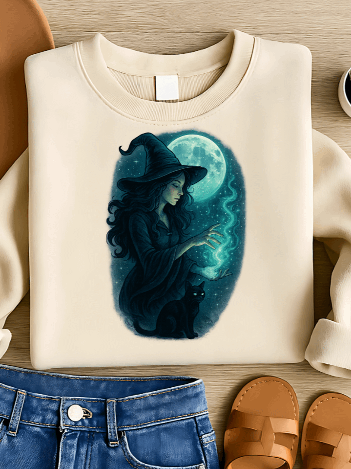 Moonlight Spell Witch Sublimation PNG – Mystical Sorcery Clipart for T-Shirts – Night Magic & Cat Familiar Theme – 300 DPI Instant Digital Download product image (1)