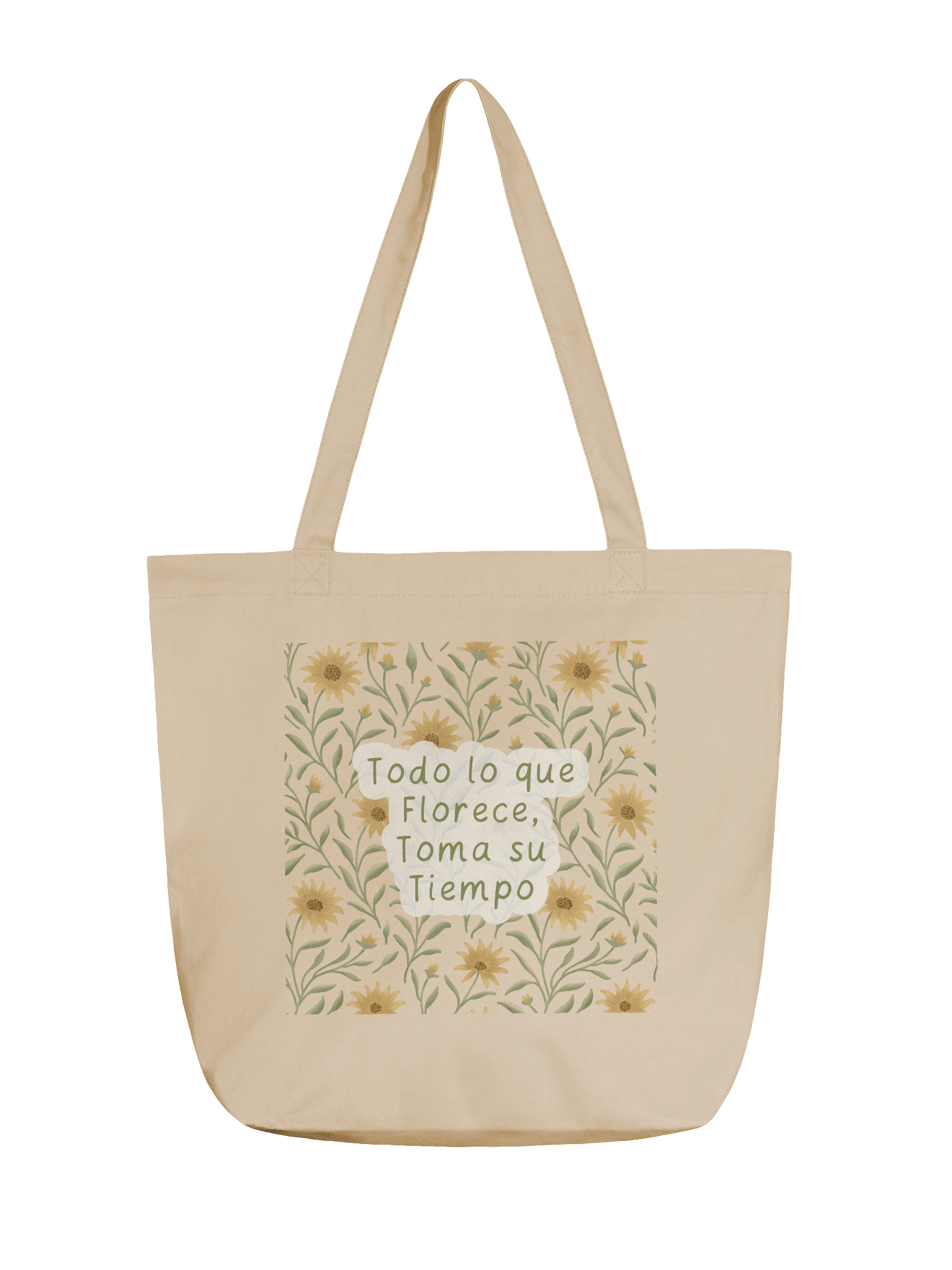 Eco-Friendly tote bag with golden field floral design – Inspirational Quote, everything that blooms, takes its time product image (1)