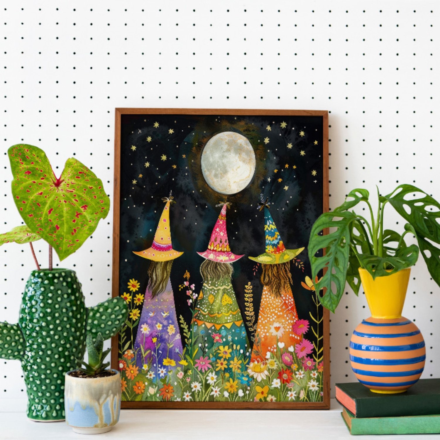Whimsical Witches Under The Fullmoon Colorful Art Print product image (27)