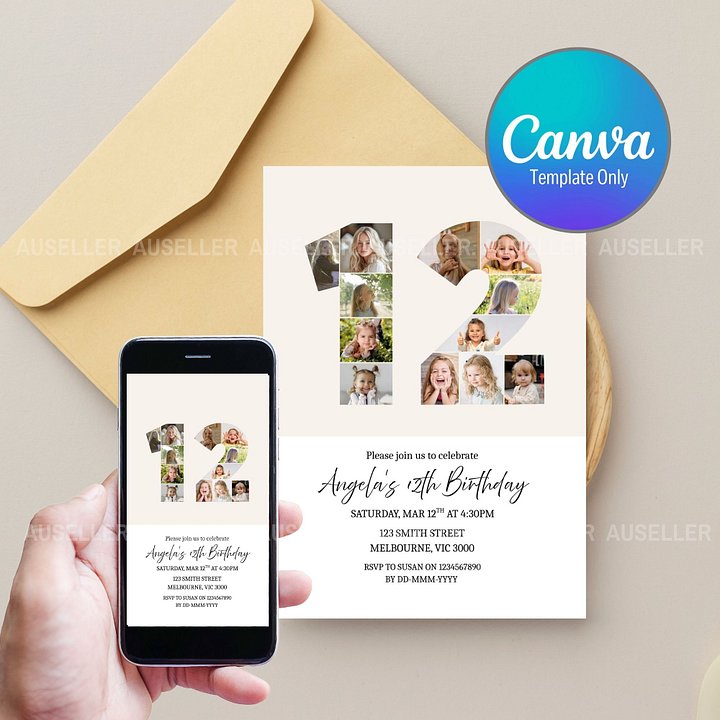 12th Birthday Photo Collage Editable Invitation Template product image (1)