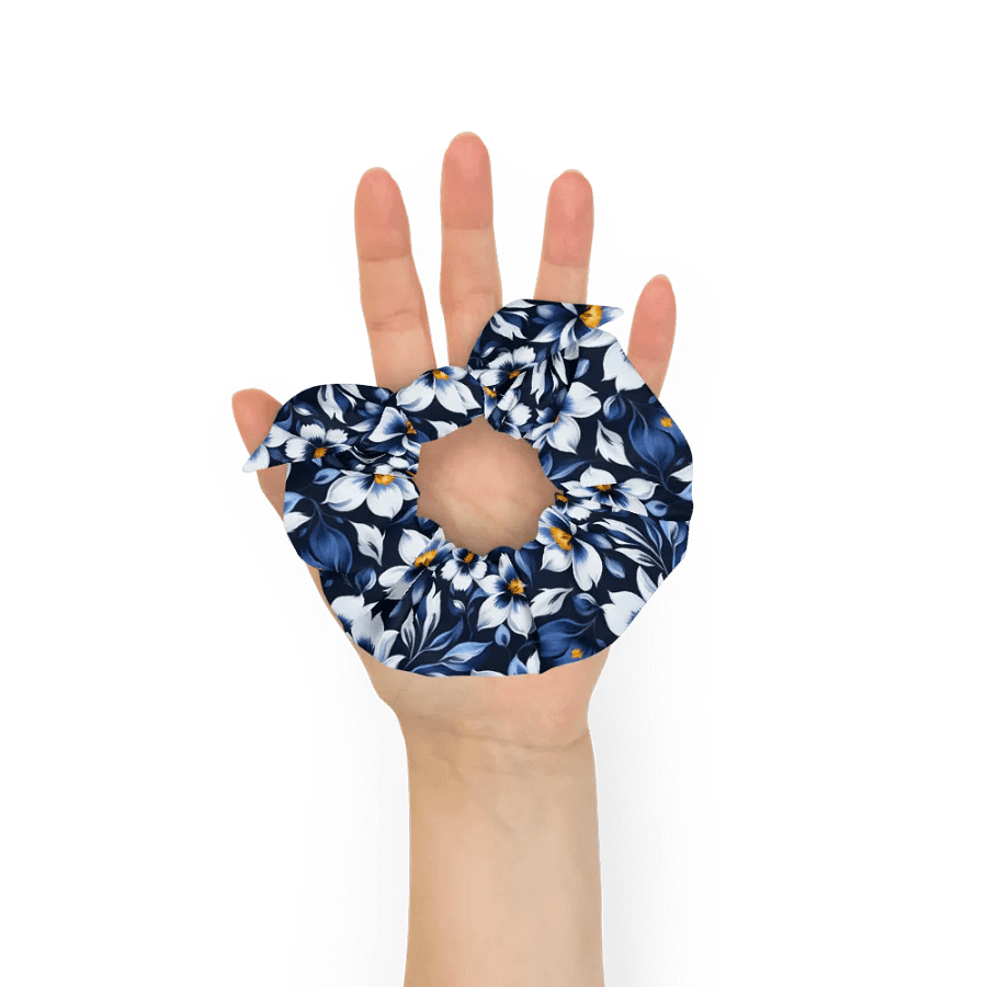 Hair Scrunchie - Floral Pattern in Blue and White on a Dark Blue Background product image (6)