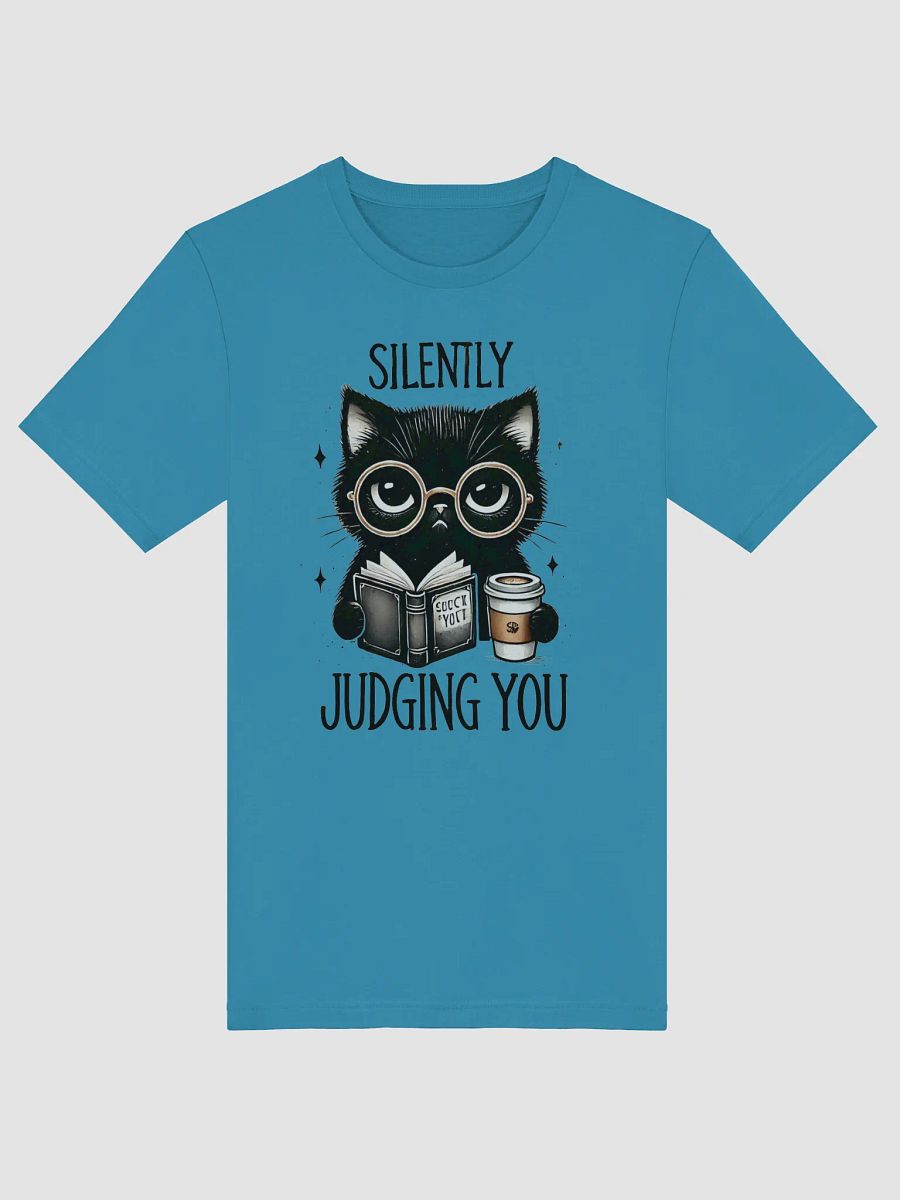 Silently Judging You Cat T-Shirt – Witty Black Cat with Book and Coffee Design product image (5)