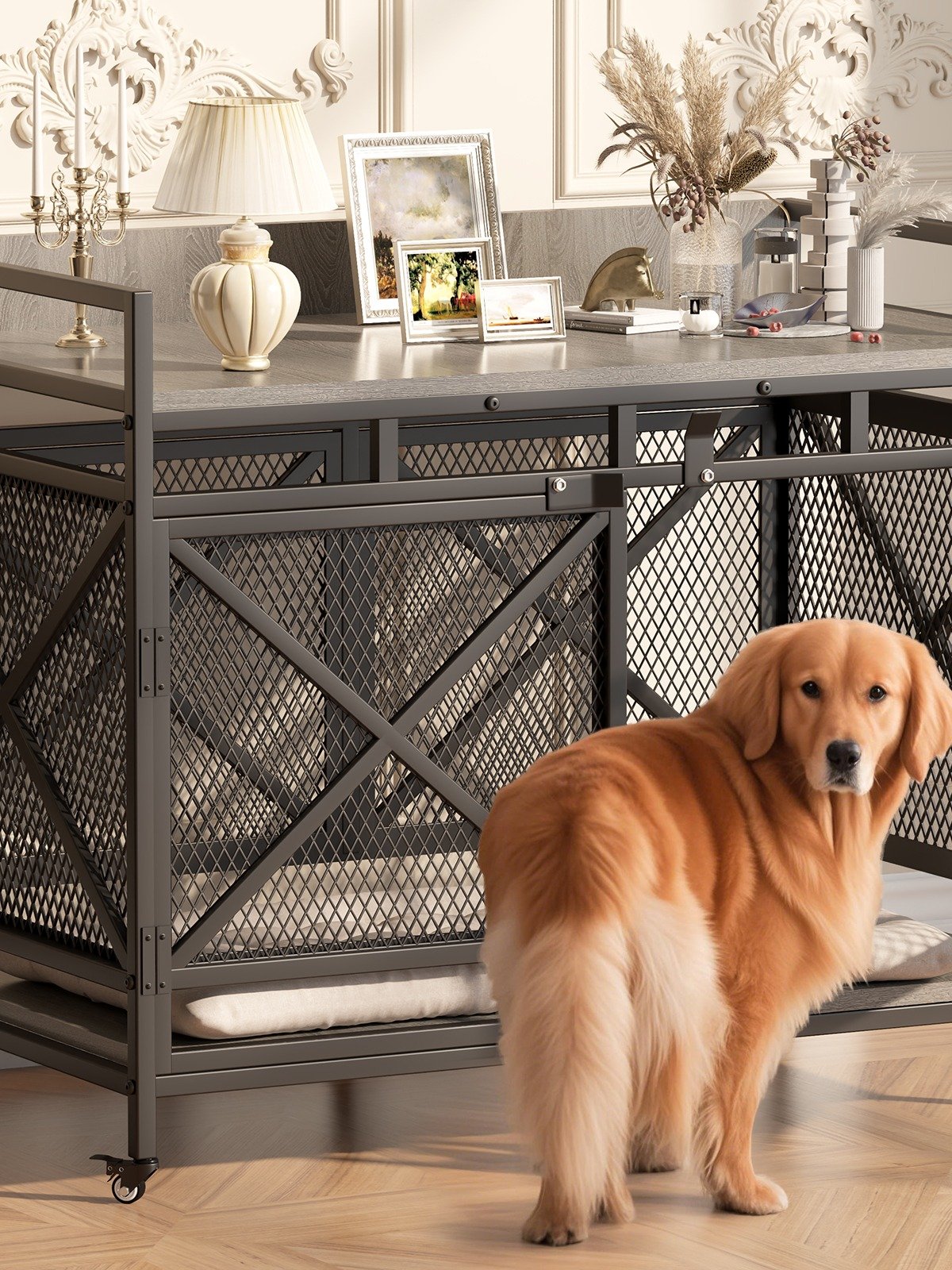 48 inch Dog Crate Furniture for Large Breeds (Up to 90 lb), Wooden & Steel, 360° Casters, Waterproof Top, Steel Lock,Textured Gray product image (1)