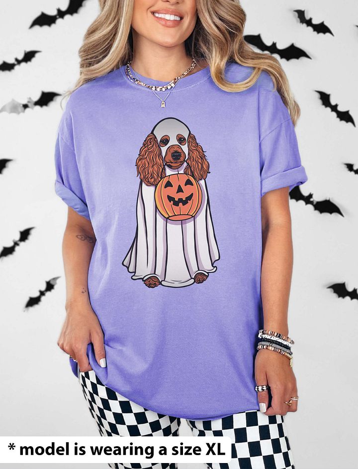 Funny Halloween Poodle(Red) T-Shirt | Funny Papillon Wearing a Ghost Costume and Holding a Pumpkin Basket product image (24)