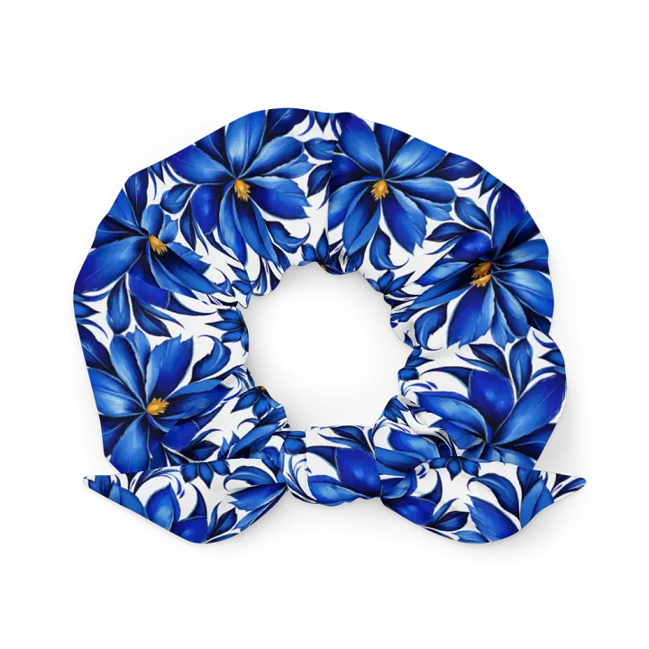 Hair Scrunchie - Painted Blue Flowers on White product image (2)