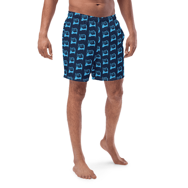 BOURNE to Cape Cod™ All-Over Logo Swim Trunks | Men's UPF 50+ Quick-Dry Coastal Shorts | Deep Sky Blue Logo Repeat Pattern on Navy product image (1)