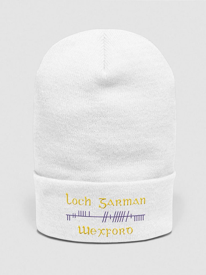 Wexford/Loch Garman, Orthodox style Ogham, purple and yellow, embroidered Cuffed Beanie product image (1)