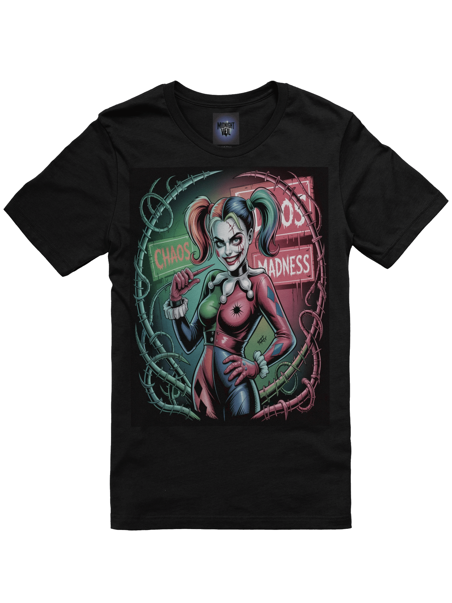 Chaos and Madness: Harley Quinn's Vine-Entwined Vortex Graphic Tee product image (3)