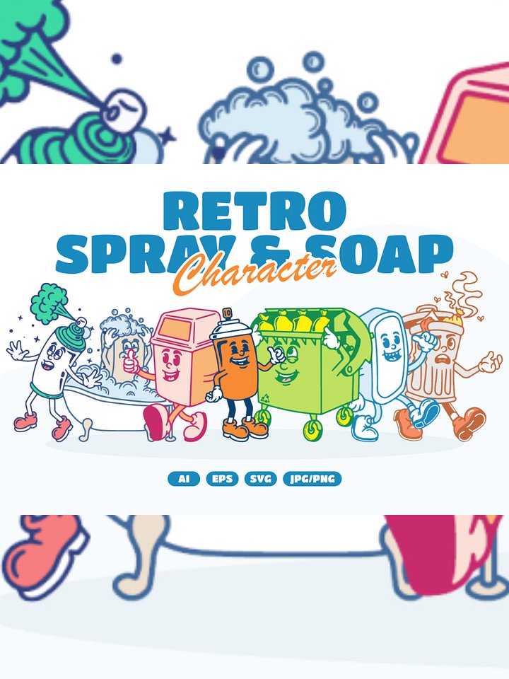 Retro Spray, Soap, Trashcan Character Illustration product image (1)