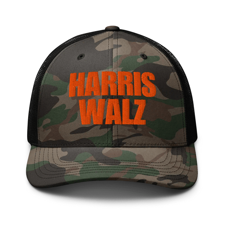 Harris Walz Camouflage Trucker Hat, Embroidered Hat product image (1)