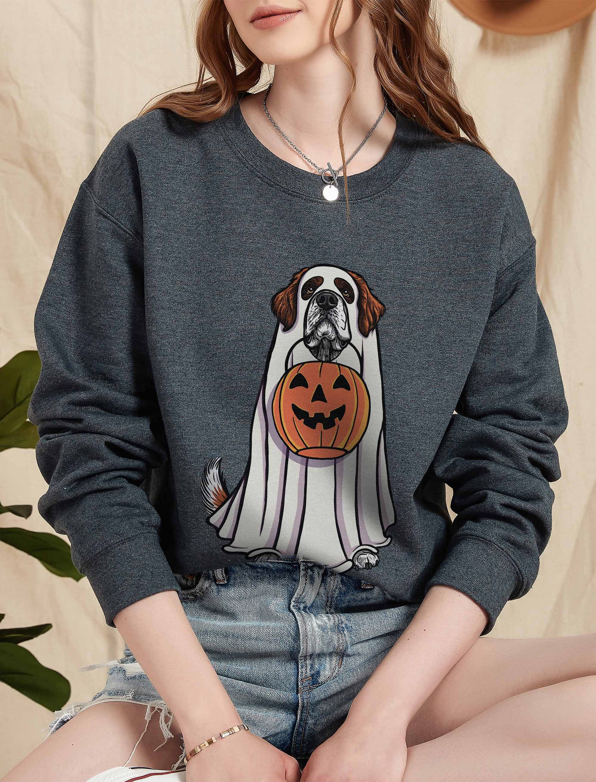 Funny Halloween Saint Bernard Sweatshirt | Funny Dog Wearing a Ghost Costume and Holding a Pumpkin Basket product image (5)