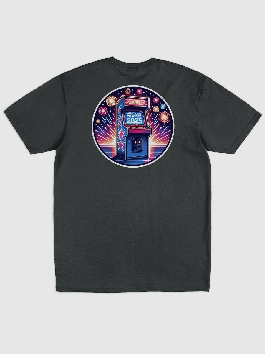 Arcade Gamer T-Shirt – Retro “Insert Coin to Start 2025” with Fireworks product image (32)