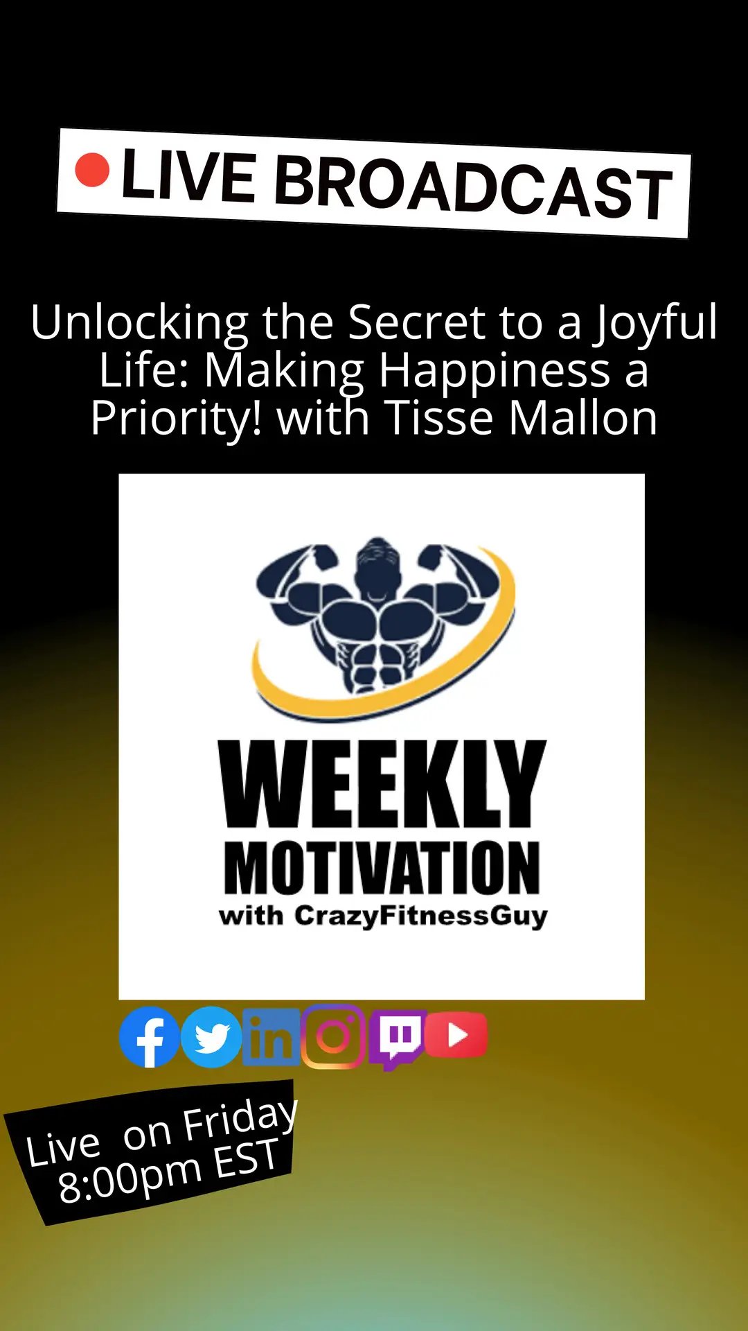 Ready to level-up your motivation game this week? Don't miss our 'weekly motivation' session hosted by none other than crazyfitnessguy! He'll be going live this Friday night at 8pm EST on a stream that promises a winning mix of fitness insights, motivational power-ups, and a community spirit like no other. Set your alarms, bring your enthusiasm, and grab the chance to inspire (and get inspired) in ways you've never imagined before. See you there, it's a date! 💪🏽🔥🗓️ #FitnessMotivation #CrazyFitnessGuyLive #BecomeYourBestSelf