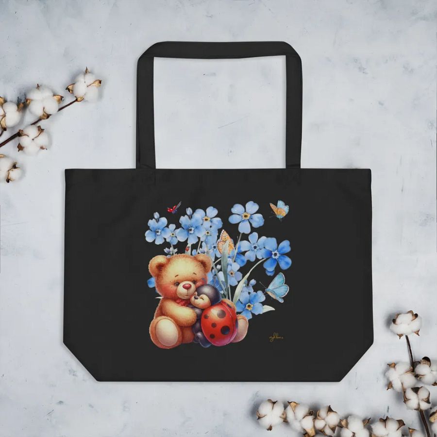 Forget-Me-Not Whispers Teddy Bear Tote Bag (Large) – Organic Cotton Twill, Floral Design with Teddy Bear & Ladybug, Eco-Friendly Bag product image (4)