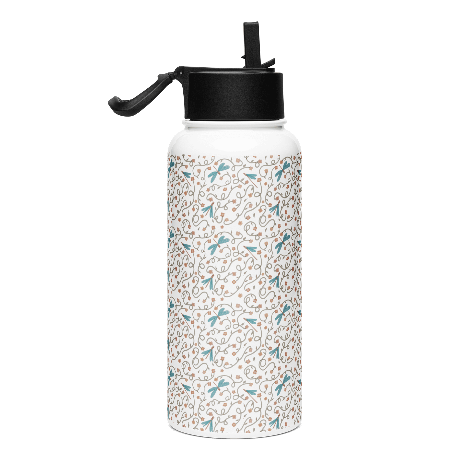 Stainless steel water bottle with straw lid. Dragonfly and floral artistic design product image (4)