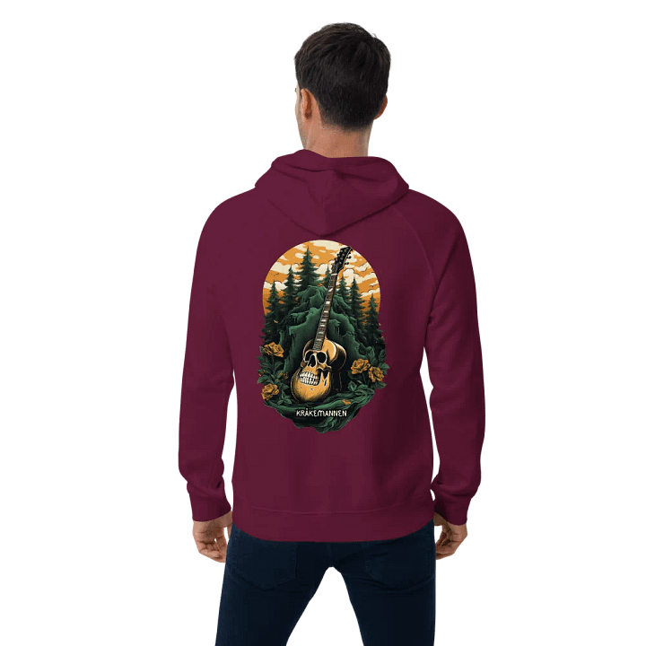 Unisex Eco Raglan Hoodie 🌲 Dark green spruce forest with a skull-shaped guitar product image (2)