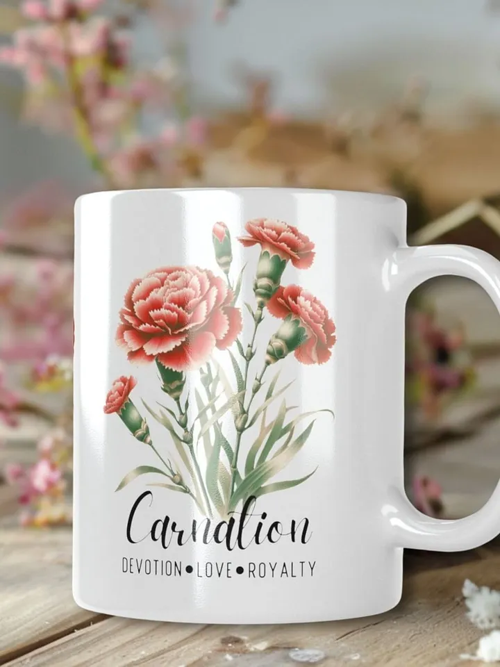Carnation Ceramic White Mug: Devotion, Love, Royalty January Birth Month Flower product image (1)