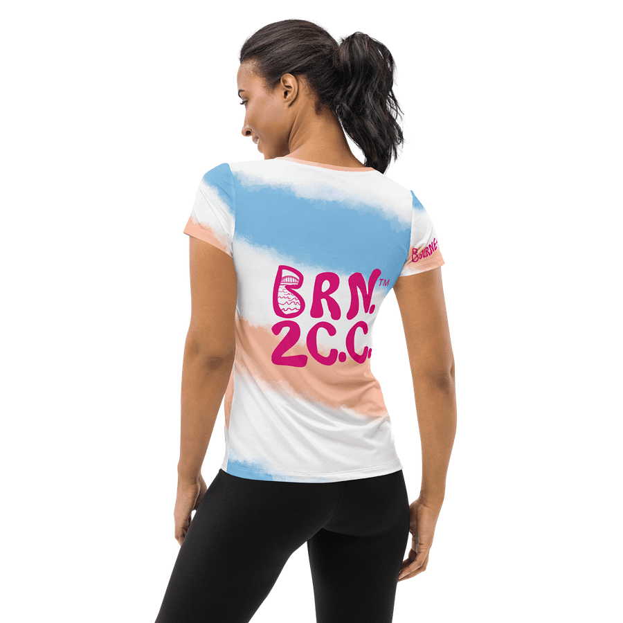Women's | BOURNE to Cape Cod™ | Sporty Prep Tee ⚓️ | Athletic Style | Pink Logo on Diagonal Patriotic Pastels product image (2)