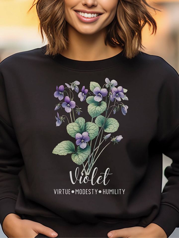 February Birth Month Inspirational Violet Flower Sweatshirt: Virtue Modesty Humility product image (1)