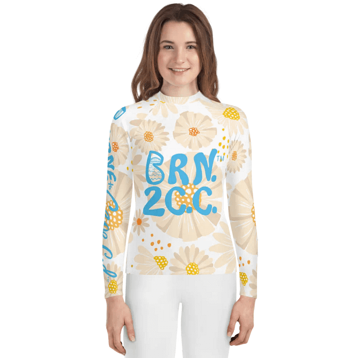 Girls' | YOUTH | Rash Guard | BRN.2C.C.™ Front Graphic | BOURNE to Cape Cod™ Sleeve & Back Logo | Coastal Swim Shirt for Kids | UV Protection Activewear | Blue Logo | Daisy Pattern product image (1)