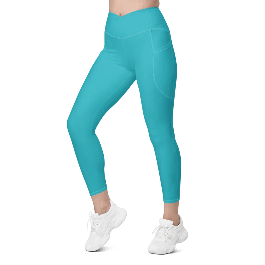 Plain Turquoise Blue Light Summer Women's High Waisted Premium Crossover Leggings with Pockets by Treasure Pie product image (7)