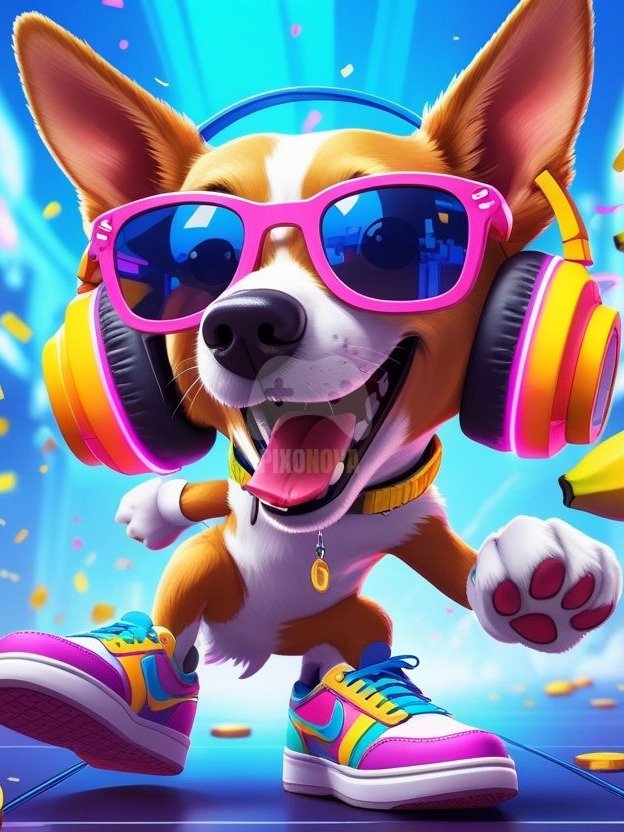 Pixel Party Parade – Track 1: Banana Beat Bounce (Dog Mascot Edition) | 1472x832 px | 4 Variations | PNG + PDF product image (4)