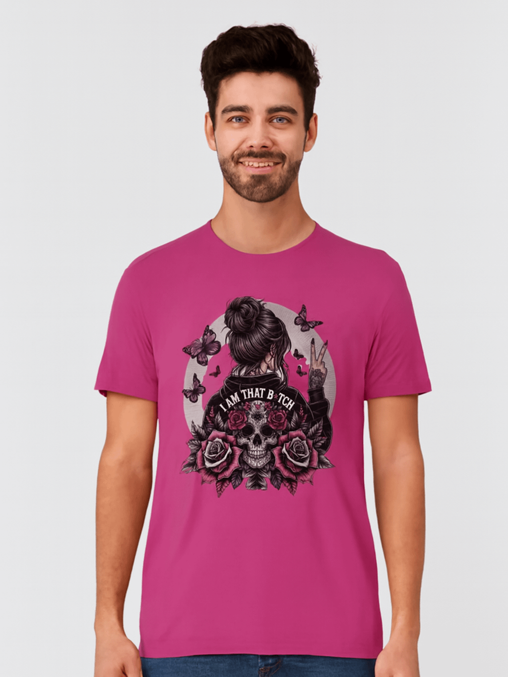 Bold Attitude Girl with Skull, Roses, and Butterflies Graphic T-Shirt product image (1)