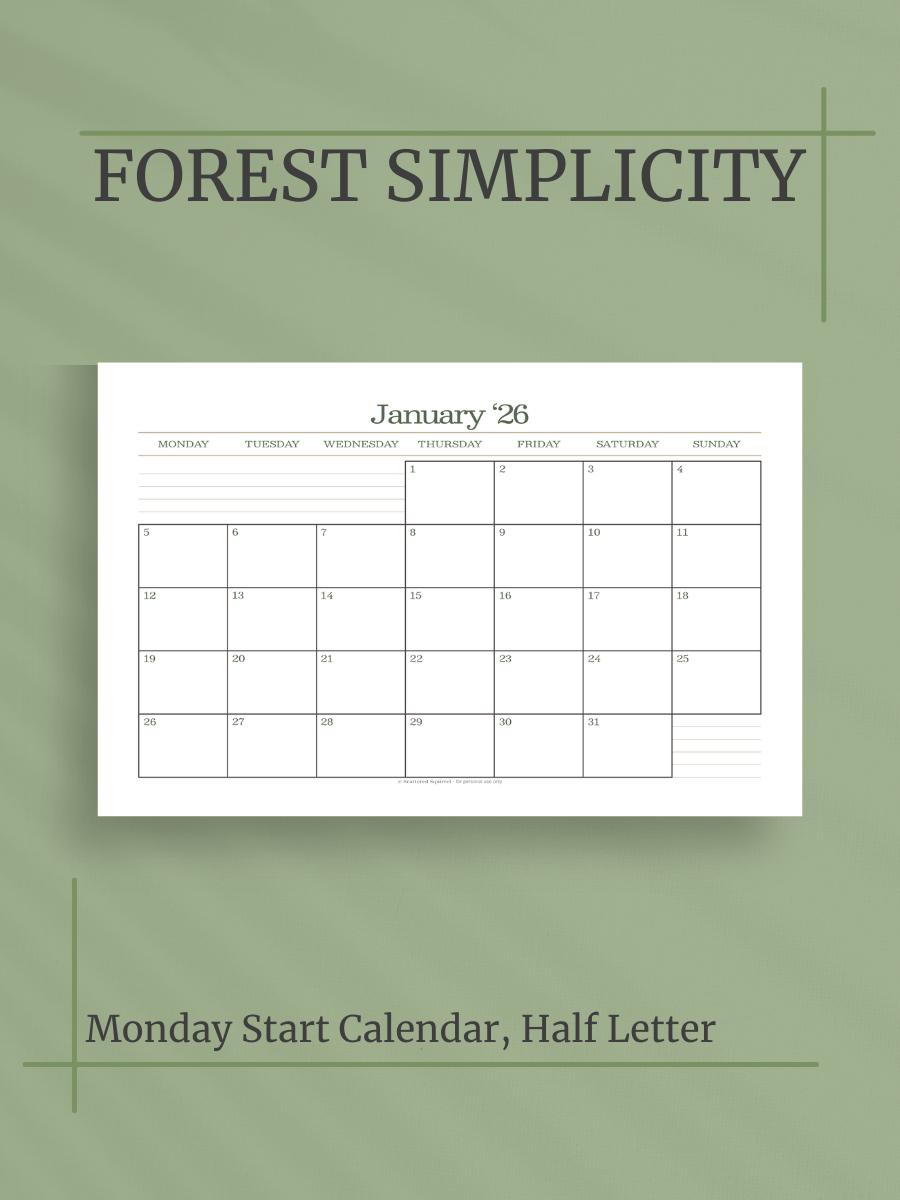 Forest Simplicity 2026 Calendar - Single Page per Month, Monday Start, Half Letter Size product image (1)
