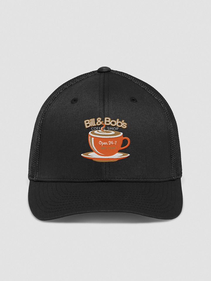 Bill & Bob's Coffee Shop Open 24/7 Trucker Hat, Orange Color Accent product image (1)
