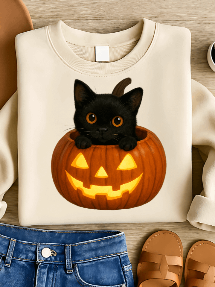 Jack-o’-Lantern Black Cat Sublimation PNG – Festive Clipart for T-Shirts – Halloween Night Glow – 300 DPI Instant Digital Download product image (1)