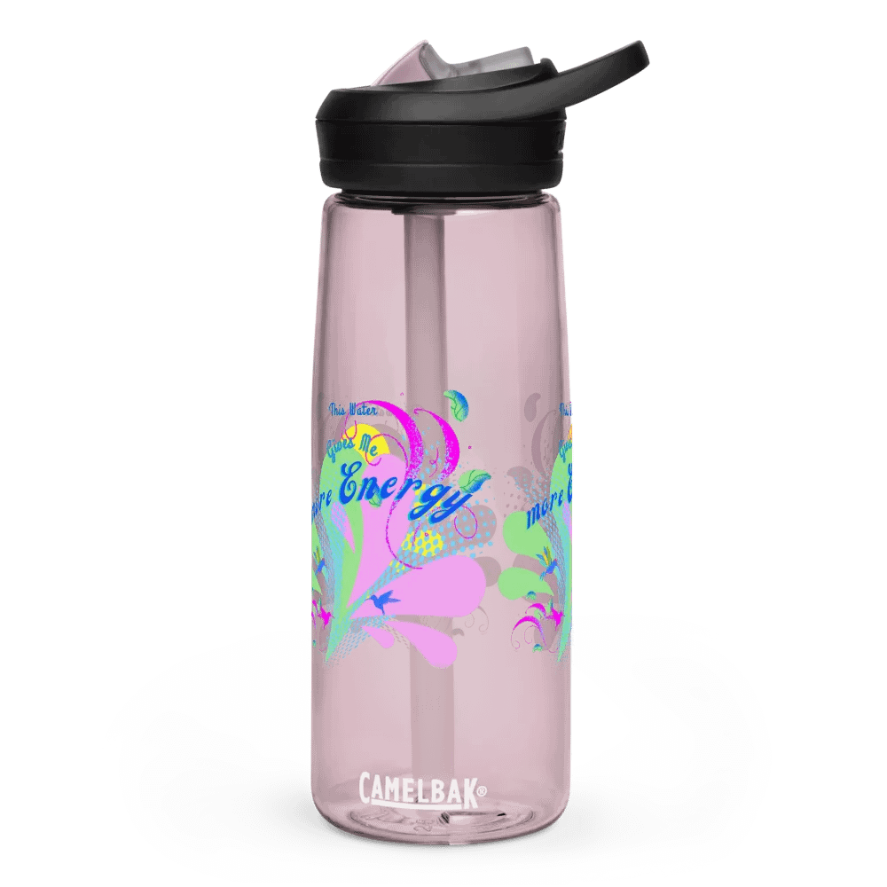 Camelback water bottle with beautiful swirly pink and green water drop splash and drops design featuring ' This water gives me Energy