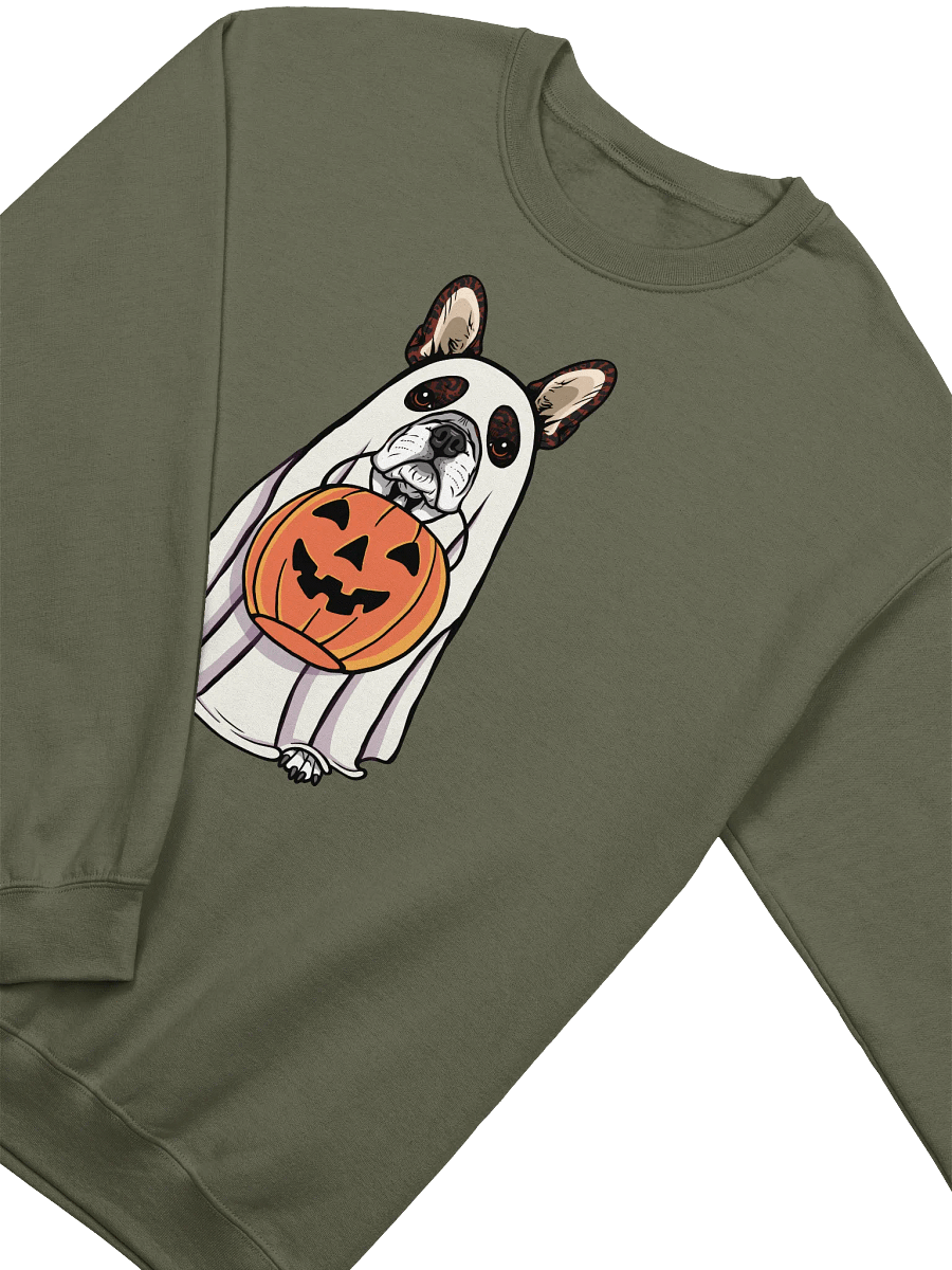 Funny Halloween Boston Terrier(Brindle) Sweatshirt | Funny Boston Terrier Wearing a Ghost Costume and Holding a Pumpkin Basket product image (18)