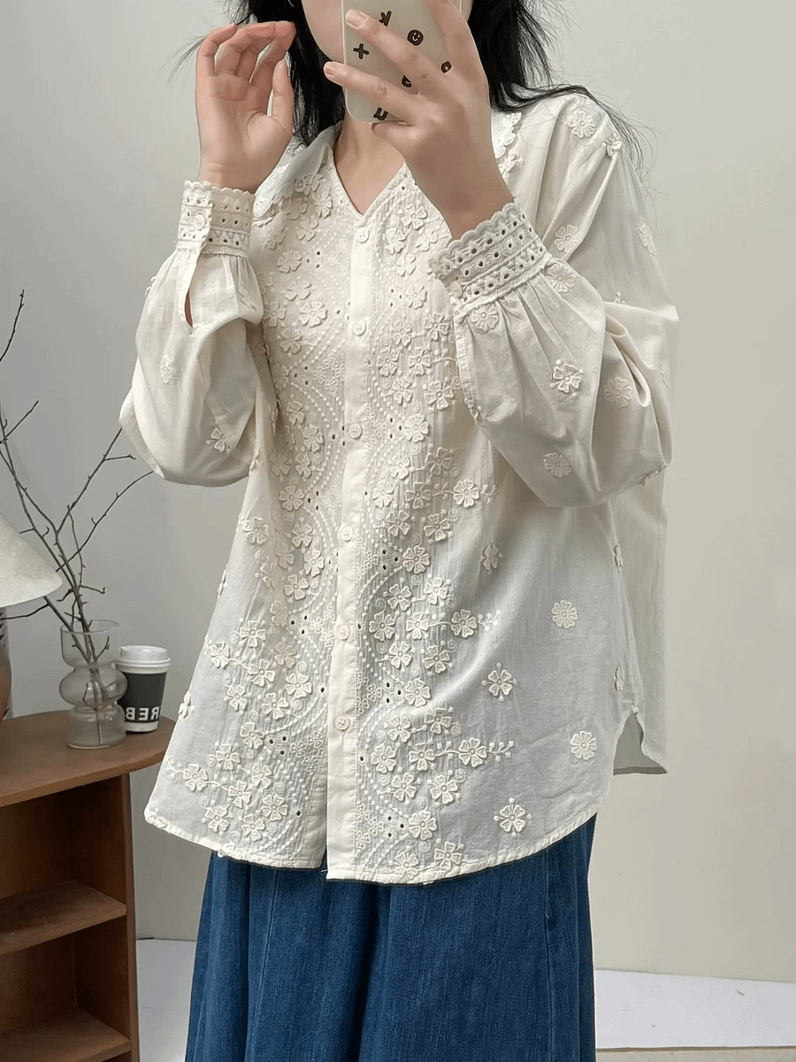 Three-dimensional Flower Embroidered Lapel Single-breasted Long Sleeve Shirt For Women product image (6)